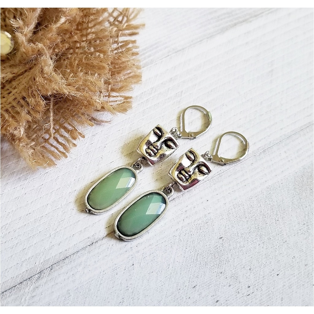 Silver Upcycled Face Mask Mint Green Earrings